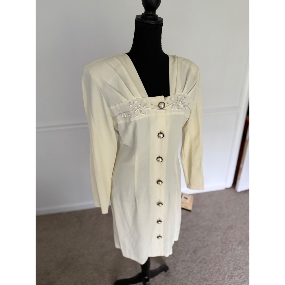 NWT Vintage 90’s ivory Mini Dress Coquette retro Pearl Soutache Sz M/ L - Picture 8 of 8